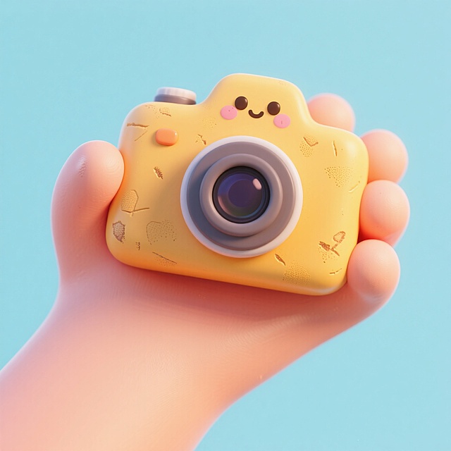 软3D风卡通相机，拟人笑脸设计，可爱感十足，手握瞬间定格美好。