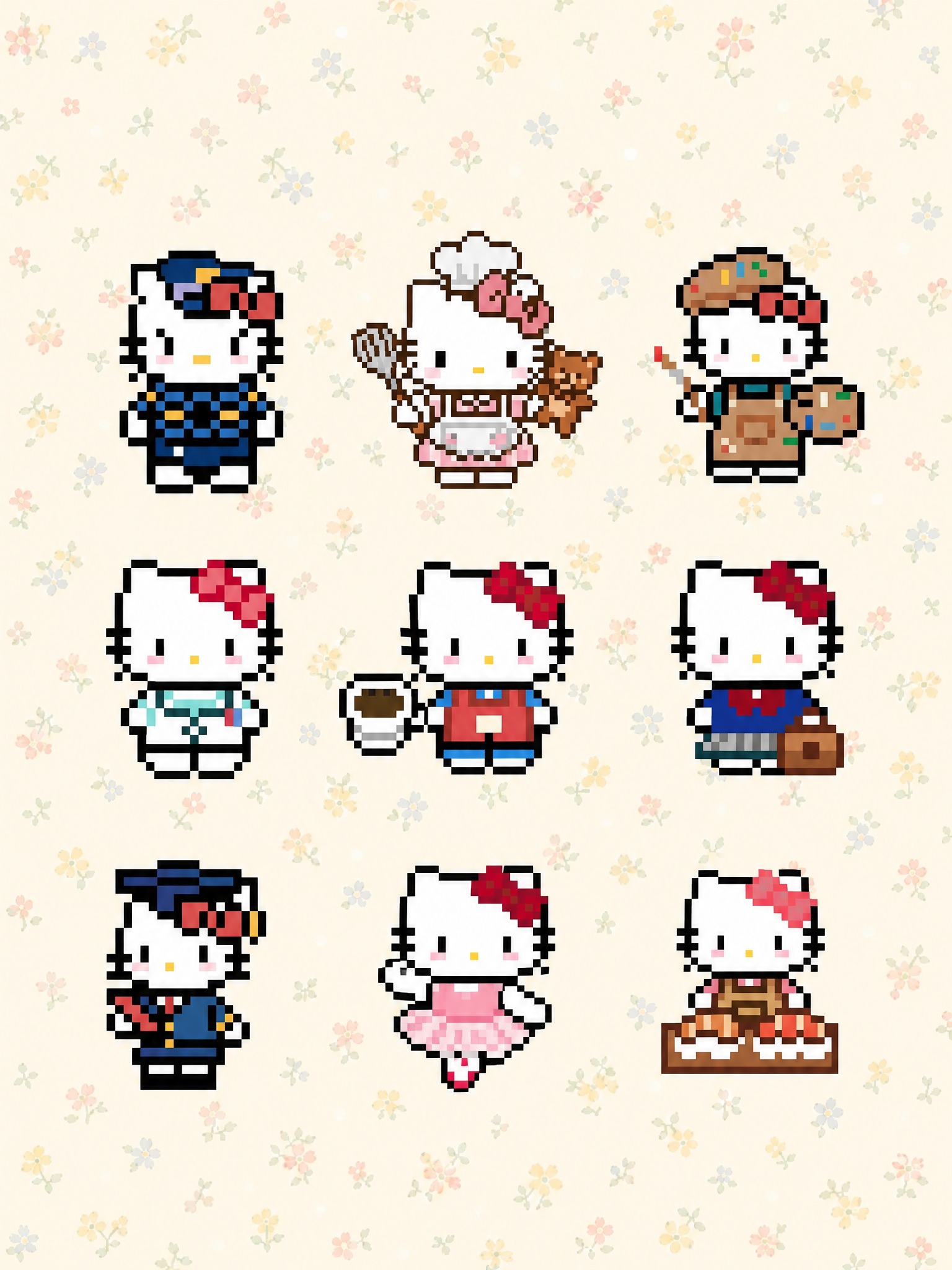 将9个Hello Kitty职业系列像素图案整体向下移动一点位… - 图片创意预览