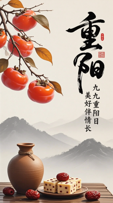 右侧“重阳”书法字体和“九九重阳日 美好伴情长”，左侧枝头挂满的红柿子，色泽鲜艳，下方的陶制酒壶和摆放着红枣的方形糕点，背景是水墨远山。预览效果