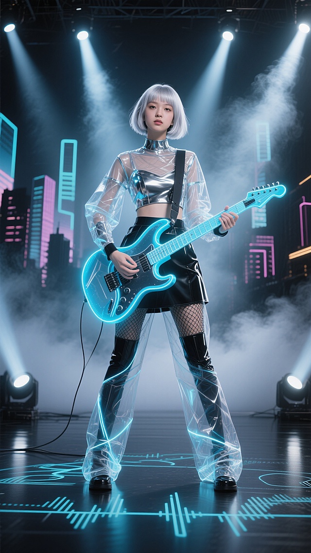 赛博朋克风舞台，Y2K未来感造型，霓虹灯辉映下的虚拟现实摇滚少女，金属与塑料质感碰撞，光影流动，酷炫梦幻。