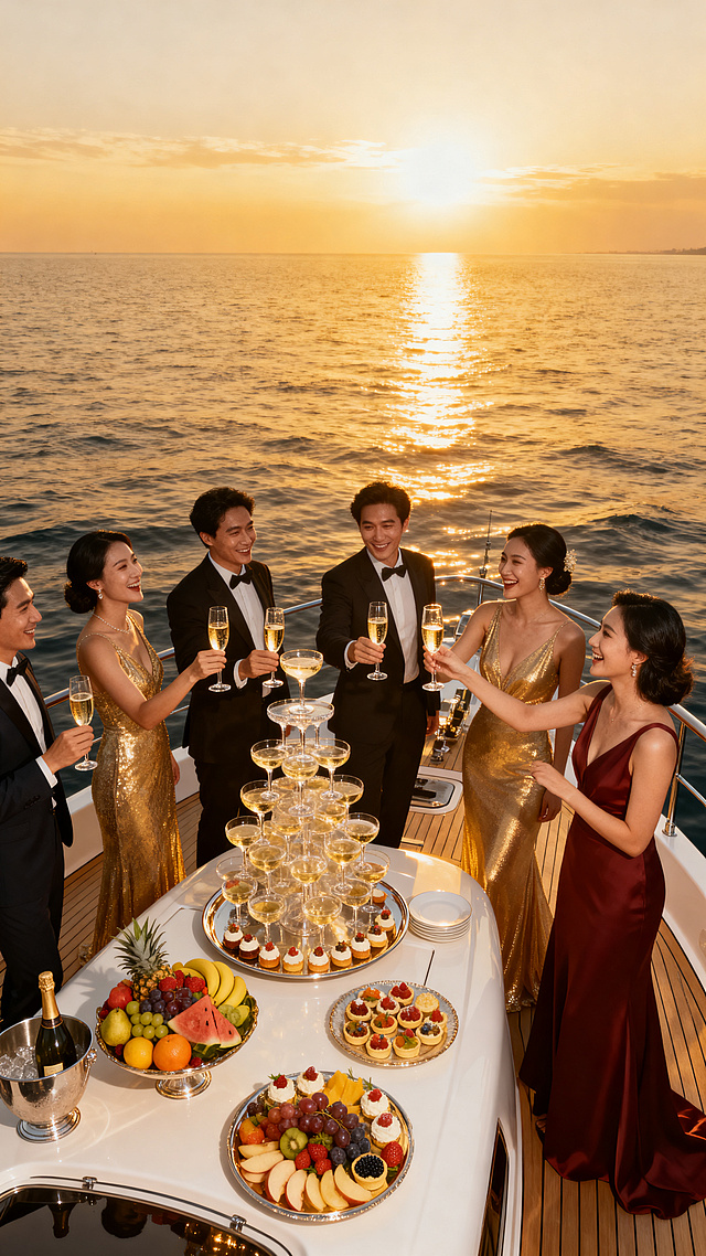 奢华高端海上游艇派对，夕阳下金色海面，香槟水果美食派对布置，宾客欢笑举杯，热闹欢乐的派对氛围，航拍视角，高清大片质感