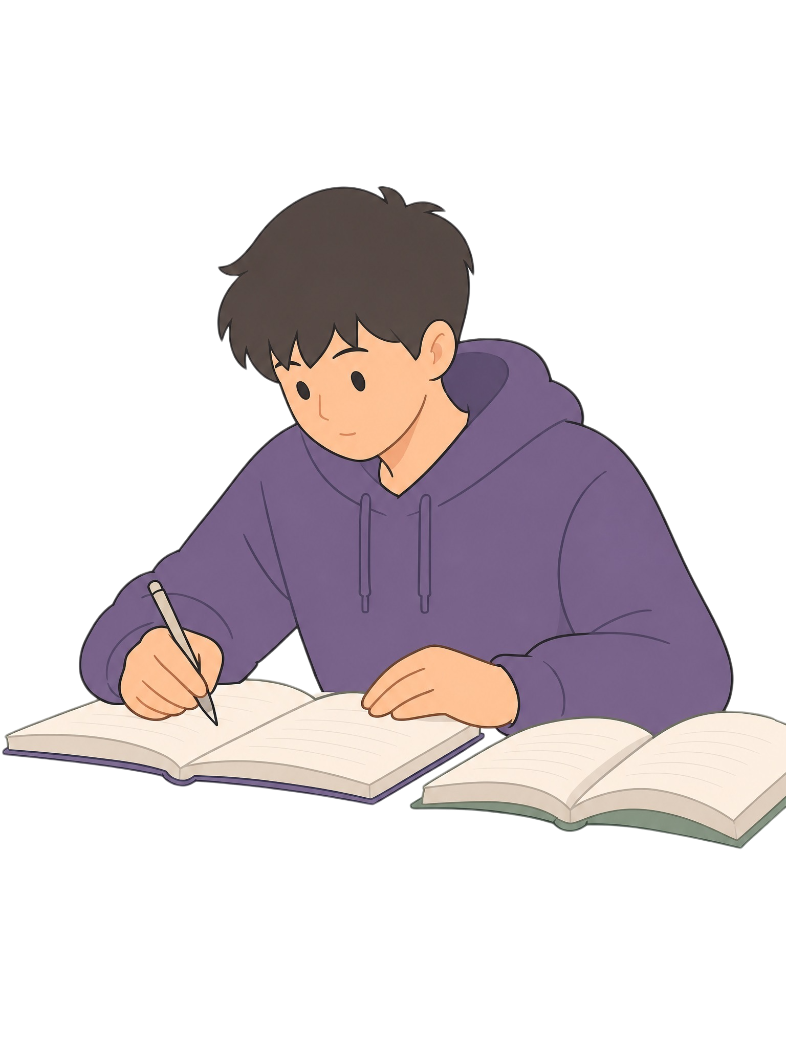 从这张图中精细抠取出主体大学生人物（穿紫色连帽衫写字的男生），… - 图片创意预览