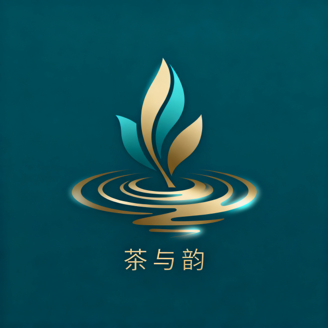 品牌“茶与韵”的Logo，抽象茶叶与动态波纹融合设计，新中式未来感风格，低饱和青黛色与哑金色搭配，几何极简造型，带有微光晕效果，高级哑光质感，纯色背景，禁止写实风格，禁止复杂背景，颜色干净不杂乱，无鲜预览效果