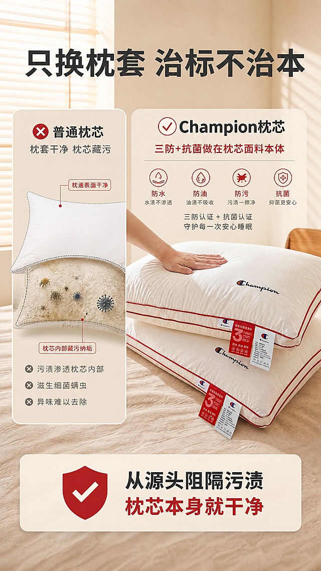 [商品] 使用【图4】红色滚边Champion枕头（高枕+低枕叠放，手压高枕）；保留红色滚边、Champion刺绣Logo、三防红色吊牌、白色全棉面料、枕头整体形状和比例；自然理顺面料褶皱，增强全棉面料纹理质感，吊牌文字清晰可辨，不改变版型结构和颜色。
[画面] 目标：换枕套治标不治本场景，枕套干净枕芯藏污痛点→三防+抗菌做在枕芯面料本体。构图：左右对比结构，左侧示意「只换枕套」（枕套干净但枕芯内部藏污纳垢的剖面示意图），右侧展示Champion枕头本体（占画面45%），强调「枕芯面料本身就三防抗菌」。上方主标题横跨两侧。景别：中景，9:16竖版。阅读动线：标题→左侧痛点→右侧产品→底部结论。前中后景：前景床单纹理、中景对比示意+枕头、后景暖杏色墙面+百叶窗光影。
[视觉] 套系策略：风格=日式暖调温馨治愈家居风，干净简洁不花哨；标题字=现代无衬线粗体（思源黑体Heavy）；正文字=简洁无衬线体（思源黑体Regular）；主色=米白+暖杏色；背景延展=基于暖杏色做深浅层级、同色渐变和细腻哑光墙面质感；强调色=正红色（呼应枕头滚边），仅用于小面积图标、引线、标签和重点文字高亮；标题色=深炭灰；正文色=中暖灰；组件=左右对比分栏、叉号/对勾图标、圆角信息卡、细线引线；光影=左前侧暖柔光，百叶窗条状光影，柔和自然。
[文字] 顶部主标题「只换枕套 治标不治本」；左侧「❌ 普通枕芯」小字：枕套干净 枕芯藏污；右侧「✅ Champion枕芯」大字：三防+抗菌做在枕芯面料本体；底部结论卡：「从源头阻隔污渍
枕芯本身就干净」；文字全部横排，不遮挡枕头主体和Logo。
[规格] 图片比例9:16竖版，4K分辨率，quality=medium；负向：避免变形、错字、文字过小、冷蓝/蓝灰背景、花哨装饰、枕头颜色改变、版型失真、水印、二维码。
