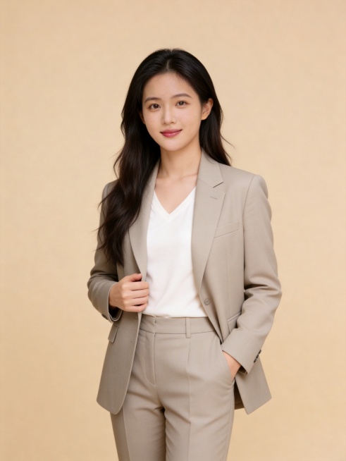 严格将第二张图片中人物的面部替换到第一张西装形象照模板上，完全保留第二张人物的脸、五官特征，仅更换身体和背景，保留模板的浅卡其色西装套装+白色V领内搭，保持右手轻握西装前襟左手插兜站姿，简约浅暖纯色背预览效果