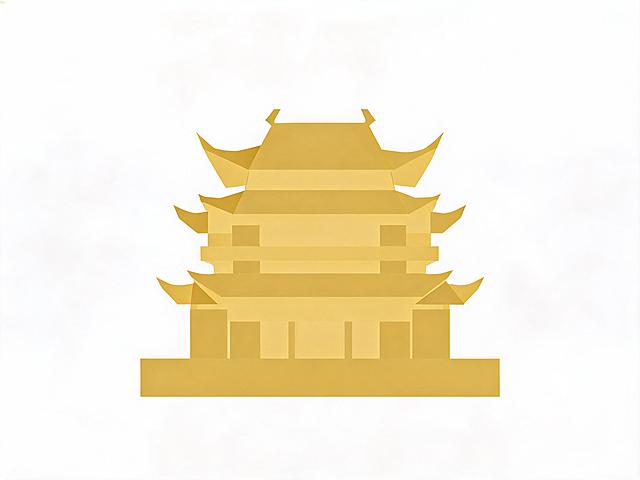 广西逍遥楼建筑，纯色色块呈现，金色色块，白色背景，极简几何色块风格