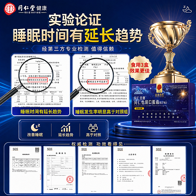 提取图1的所有文案和实验信息，按照图2的深蓝色科技感风格排版，添加图2中的金色奖杯凸显权威性，将产品图替换为图3的同仁堂牌同仁怡境口服液包装盒，保持产品比例不变，保留图1的所有实验表格数据和结论信息，整体风格和图2保持一致，加入奖杯元素突出权威感