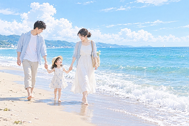 亲子互动场景，自然风光，美好治愈，日系小清新风格，一家三口在海边沙滩散步，蓝天白云，海浪轻拍岸边，画面干净明亮，色调清新淡雅，氛围宁静美好