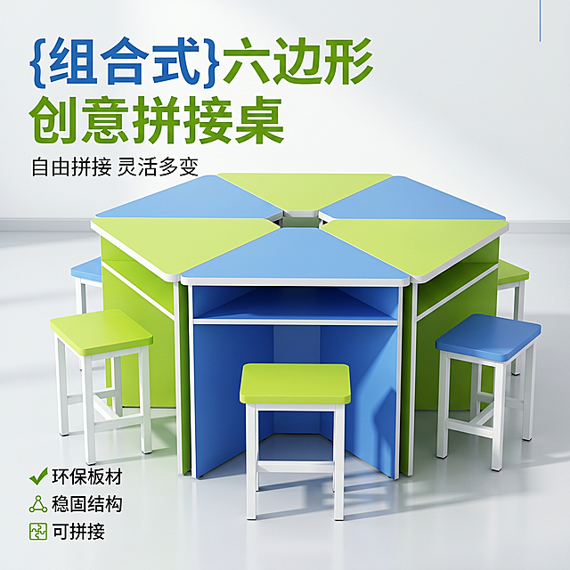 [主图-1] 板式六边形组合拼接桌完整场景展示首图
[氛围风格] 明亮整洁教学场景，现代简约校园风，专业品质感
[画质] 商业摄影质感、光线柔和通透、产品清晰真实、画面干净高级
[元素] 六边形组合拼接桌椅居中展示，保持产品原有蓝绿拼色配色和拼接六边形结构不变，保持白色支架与凳腿设计，结构和材质与原图一致，杜绝任何变形和色差。替换背景为干净明亮的现代教室空间，浅灰色地板加白色墙面，环境简洁不抢产品主体。商品主体占比严格控制在65%左右，画面满屏无边框。保持产品外观物理结构、材质质感、颜色与输入产品图绝对一致，精细化处理
[光影] 主光源为正面柔和自然光，明亮均匀，桌面干净无重阴影，侧面辅以柔光灯补光，突出板材平整质感，整体光线通透不灰蒙
[配色] 保持产品原蓝绿拼色，背景浅素色突出产品主体
[视角构图] 正面平视45度视角，产品完整不裁切，景深中等，轮廓清晰
[文字版式] 左上负空间左对齐留安全边距，大字文案"{组合式}六边形 创意拼接桌"，蓝绿色粗体无衬线，辅助短句"自由拼接 灵活多变"同色系缩小。左下角三个小图标配短文案：√环保板材 √稳固结构 □可拼接
[比例分辨率] 1:1 比例，2k分辨率，文字清晰锐利，超高清
[负向提示词] 变形，水印，文字错乱，产品图模糊，背景杂乱，结构改变，色差