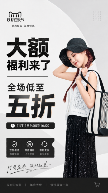 基于这张图片制作一张时尚女装双11活动营销海报，添加文字：标题“大额福利来了”，折扣信息“全场低至五折”，活动时间“11月11日9:00到16:00”，整体风格时尚简约，适合电商促销，文字排版清晰醒目预览效果