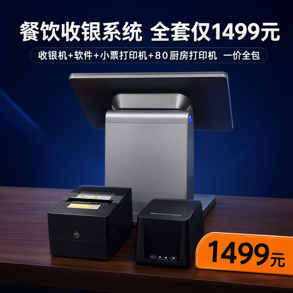 餐饮收银系统投流广告图第1张（主图/首图），深蓝色科技渐变背景… - 图片创意预览