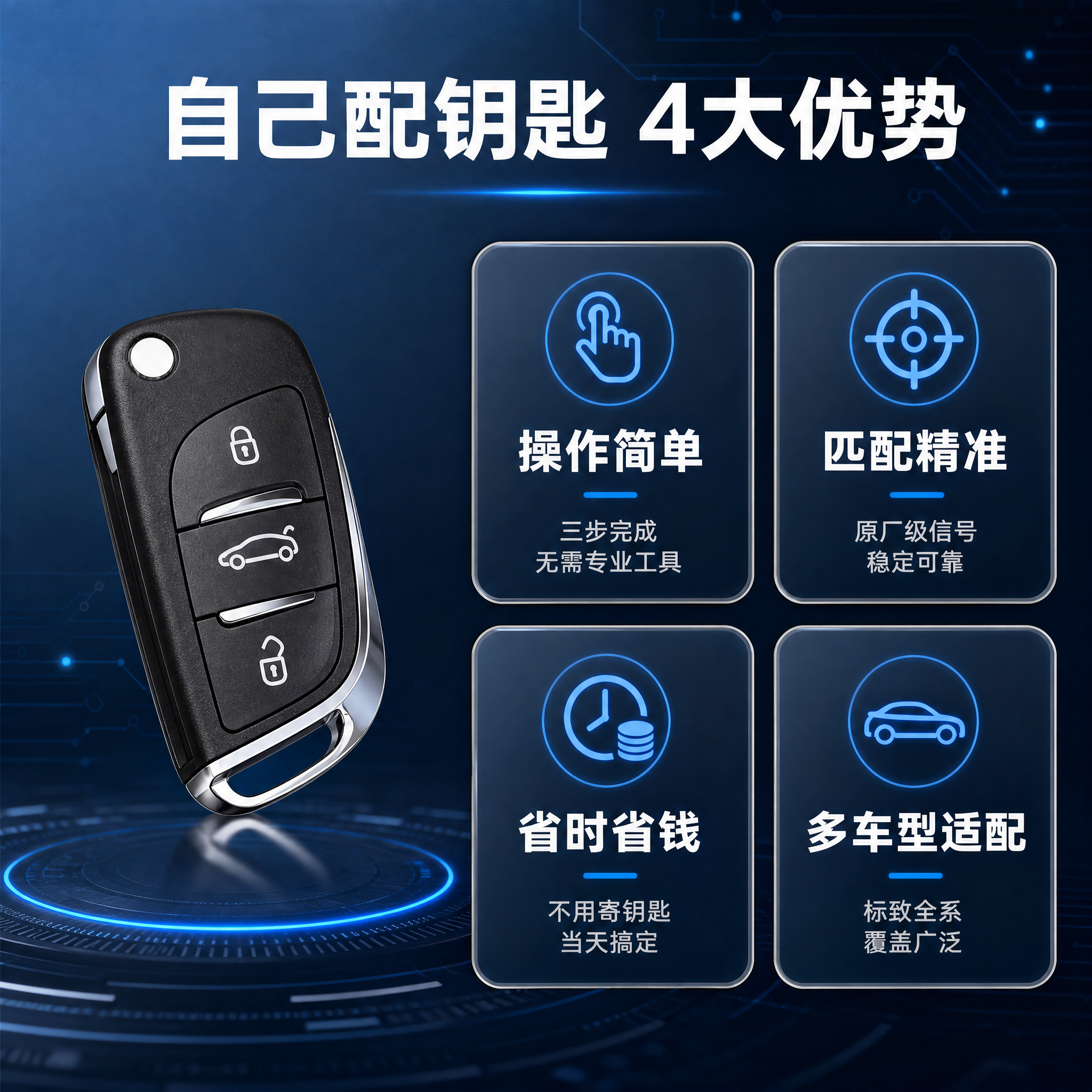 [主图-2] 核心价值卖点图，自己配钥匙四大优势，深蓝科技背景… - 图片创意预览