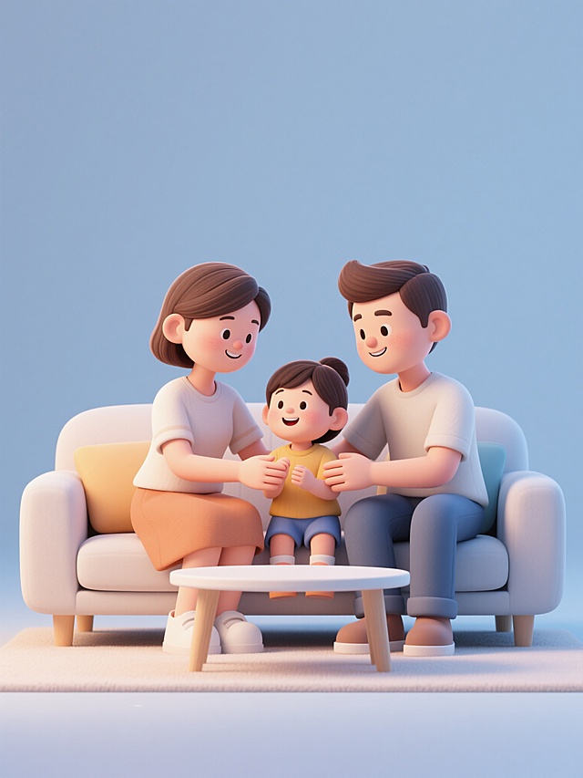 规整排布的3D渲染亲子互动场景，保持卡通风格，柔和光影，明亮色彩，简约现代造型，纯纯色背景，无文字无logo无水印，场景展示一家三口的温馨亲子互动瞬间，角色表情生动自然，细节精致，整体构图平衡对称，视觉统一和谐