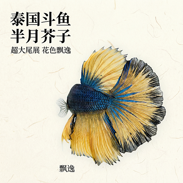 [主图 1] 泰国斗鱼半月芥子产品首图
[氛围风格] 真实质感，中式国风，雅致留白，高级视觉
[画面元素] 商业摄影质感，光线柔和通透，产品清晰真实，画面干净高级。泰国斗鱼完整展示于画面中心，斗鱼保持原产品图的蓝黄黑花色和超大半月尾形态，背景是浅米色宣纸质感底纹，带有自然纸张纹理，干净不抢主体。
[配色色系] 主色调：浅米宣纸白，搭配斗鱼本身的深蓝色、明黄色、黑色，对比清晰
[视角构图] 平视居中构图，主体突出，留白充足
[文字版式] 左上区域左对齐，保留安全边距，不遮挡斗鱼主体。主标题“泰国斗鱼 半月芥子”使用黑色大号书法字体；副标题“超大尾展 花色飘逸”字号缩小一半，位于主标题下方。文字清晰，与背景对比强烈
[比例分辨率] 1:1 比例，2k 分辨率，文字清晰可辨，超高清
[负向提示词] 变形，水印，文字错乱，产品图模糊，背景杂乱，色彩不协调