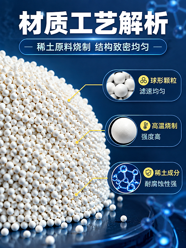 [商品] 使用【图1】稀土瓷砂白色颗粒产品；保留产品白色球形颗粒形态、颜色、材质质感。放大展示颗粒细节结构。
[画面] 目标：材质结构解析，展示稀土瓷砂的微观结构与材质工艺。左侧大颗粒特写占画面50%，展示球形颗粒的光滑表面、均匀粒径和致密结构；右侧为结构说明区，用引线标注颗粒各部分特点。深蓝色工业背景，带有科技感的分子结构纹理点缀。
[视觉] 套系策略：风格=工业专业商业摄影风；标题字=粗黑体厚重有力；正文字=简洁无衬线体；主色=深蓝藏青色；背景延展=基于深蓝做深浅渐变、同色层级和工业金属质感；强调色=明黄色，仅用于小面积标签、图标和重点高亮；标题色=白色；正文色=浅灰蓝色；组件=圆角深蓝信息卡、细线引线、工业风图标；光影=左前侧冷调硬光，突出颗粒立体感。
[文字] 顶部主标题「材质工艺解析」6字，副标题「稀土原料烧制 结构致密均匀」12字。右侧3个结构标注：「球形颗粒 滤速均匀」「高温烧制 强度高」「稀土成分 耐腐蚀性强」。文字横排，引线清晰指向颗粒对应位置。
[规格] 图片比例3:4竖版，4K分辨率，负向提示：避免变形、错字、文字过小、模糊、卡通风格、暖色调背景、产品颜色改变、颗粒形态失真。