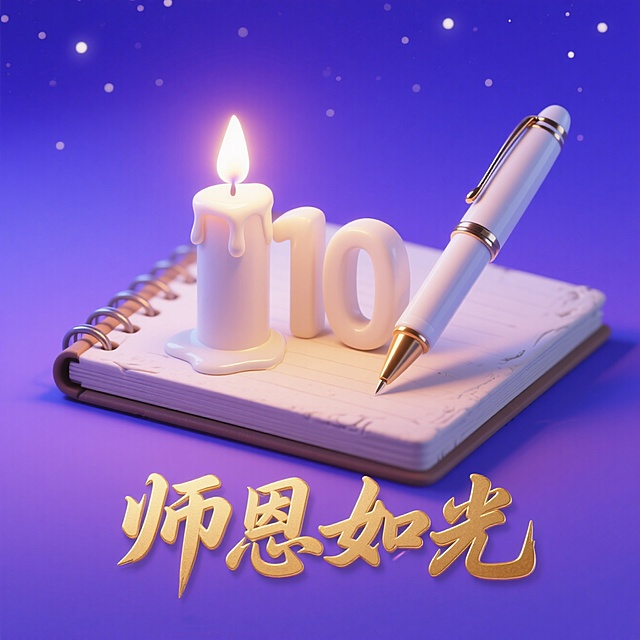 梦幻3D轻拟物风设计，烛光与数字“10”相映，笔触记录师恩，金色文字辉映教师节温馨氛围。