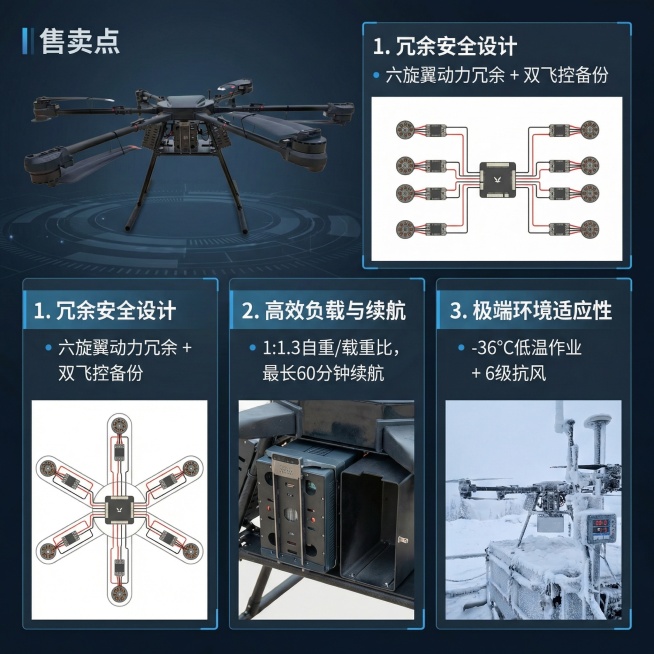 工业级六旋翼无人机卖点详情图，左侧展示黑色无人机主体，右侧分三点排版核心卖点：1. 冗余安全设计：六旋翼动力冗余 + 双飞控备份，文字旁添加动力系统示意图；2. 高效负载与续航：1:1.3自重/载重比预览效果