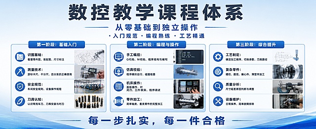 专业商务教育培训喷绘海报，主色调蓝色。风格：写实商业设计，专业清晰，排版精美。
画面结构：
顶部放置主标题"数控教学课程体系"，副标题"从零基础到独立操作"，标注"入门规范 · 编程熟练 · 工艺精通"。
主体内容分三栏清晰分区展示：
第一阶段：基础入门
识图基础：看懂零件图、装配图、尺寸标注
测量技术：游标卡尺、千分尺、百分表的正确使用
安全规范：车间安全规则、设备操作规程
刀具认知：认识常用车刀、刀具安装与对刀

第二阶段：编程与操作
手工编程：G代码、M代码、程序结构与编写
仿真校验：程序模拟运行、碰撞检查
机床操作：面板操作、对刀、工件装夹、程序调试
零件加工：简单轴类、套类零件的完整加工

第三阶段：综合提升
工艺制定：确定加工顺序、切削参数、刀具路径
复杂零件：螺纹、圆弧、偏心件、薄壁件加工
质量分析：尺寸超差原因判断与调整
设备维护：日常保养、简单故障排除

底部放置文案"每一步扎实，每一件合格"
整体背景浅蓝色渐变，文字深灰色清晰可读，分区清晰留白合理，四边留足安全边距，所有文案完整清晰可辨认，适合大幅喷绘。