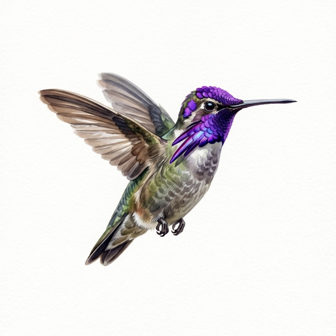 美式写实水彩风格，复古科普插画风格，科氏蜂鸟（Costa's Hummingbird），品种特征明显，画面仅包含蜂鸟，无任何其他元素，白色纯色背景预览效果
