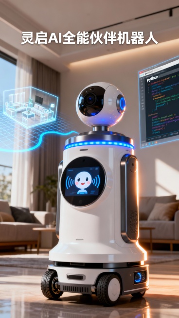 请帮我生成一个宣传海报产品名称： 灵启AI全能伙伴机器人

核心功能/优势：

全场景智能交互： 支持多轮自然语音对话，能理解并执行复杂指令，实现人机深度互动。

自主导航与可编程扩展： 融合激光雷达预览效果
