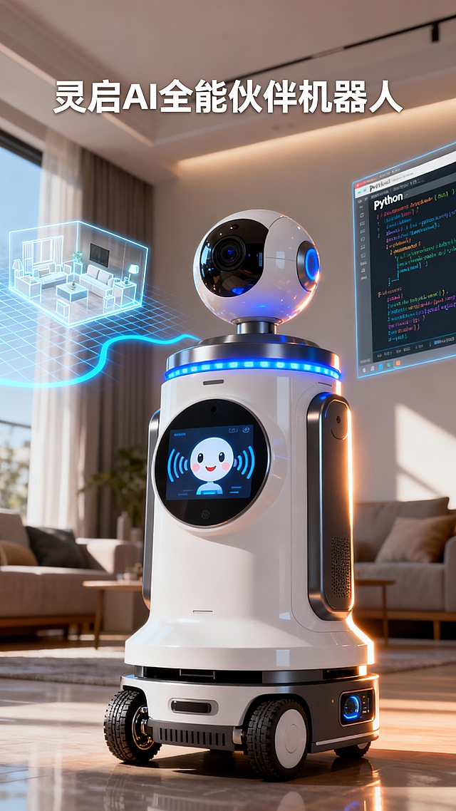 请帮我生成一个宣传海报产品名称： 灵启AI全能伙伴机器人

核心功能/优势：

全场景智能交互： 支持多轮自然语音对话，能理解并执行复杂指令，实现人机深度互动。

自主导航与可编程扩展： 融合激光雷达与多传感器，实现复杂环境下的厘米级避障与路径规划；提供开放编程接口，支持部署自定义智能体与功能拓展。

概念图位置：
机器人作为主角，以微仰视视角位于画面中心偏右位置，使其与背景的视觉元素产生动态联系。

详细视觉描述：

机器人外观描述：
机器人主体采用流线型设计，由高级白色聚合物材质与深空灰金属框架构成，外观简洁而富有科技感。顶部集成一个可360度旋转的球型高清摄像头模组，其下方环绕着一圈柔和的蓝色状态指示灯。机身中部正面配备一块高分辨率的圆形交互屏幕，此刻正显示着友好、拟人化的表情与语音接收的声波动态图示。底部为全向移动底盘，可见精密的轮组结构，侧方清晰展示出激光雷达扫描窗口与多传感器阵列。整体设计兼具功能性与亲和力。

图片背景描述：
背景设定在一个光线充足、充满现代感的智能家居或开放办公场景中。机器人后方及左侧空间，以半透明、发光的数据可视化元素进行补充：左侧空中投射出一个由激光扫描构建的实时3D室内地图，蓝色网格线清晰勾勒出房间轮廓与机器人规划出的最优行进路径。右侧背景则浮现一个简洁的代码编辑界面窗口，展示着几行代表可编程扩展功能的Python代码片段。一道从侧面窗户射入的自然光，为机器人勾勒出清晰的轮廓光，并与背景的冷色调数据流形成冷暖对比，营造出智慧、可靠且充满未来感的氛围。