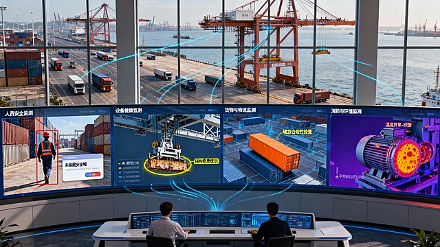 画面呈现现代化集装箱码头的全景式智能监控中心场景。背景是巨大的落地玻璃幕墙，窗外是繁忙的昼间码头，岸桥正在作业，集卡有序流动。

室内核心是一整面弧形监控大屏，屏幕分为多个功能区域，直观展现AI摄像机的综合能力：

人员安全监测区：一个视频分屏中，一名未戴安全帽的工人在堆场行走，被实时标记为红色框并弹出“未佩戴安全帽”警告。

设备健康监测区：另一个画面聚焦于一台岸桥的起升机构，AI通过图像分析识别出结构上一处细微的异常锈蚀，用黄色高亮圈出并标注“结构隐患提示”。

货物与物流监测区：三维数字孪生视图显示着堆场集装箱的精准位置与状态，一个集装箱因堆放略微倾斜被系统标记为橙色，提示“堆放合规性检查”。

消防与环境监测区：一处热成像视图嵌在角落，整体显示为蓝紫色调，其中设备区一个电机部位呈现橙红色斑点，旁注“温度异常 - 预警”。

屏幕前，两名调度员正在工作台前查看数据。空中隐约有象征数据流动的纤细蓝色光轨，将窗外实景与屏幕内的智能分析连接起来。

整体画面光线明亮、视野开阔，氛围专业而冷静。科技感精炼地体现在清晰、多维且智能联动的可视化界面上，突出AI系统如何作为“永不停歇的感知网络”，将复杂环境中的人、机、货、环状态实时转化为可操作的洞察，默默守护着港口庞大而精密的日常运转。风格为高度写实的现代工业指挥中心，强调智能与现实的深度融合。
