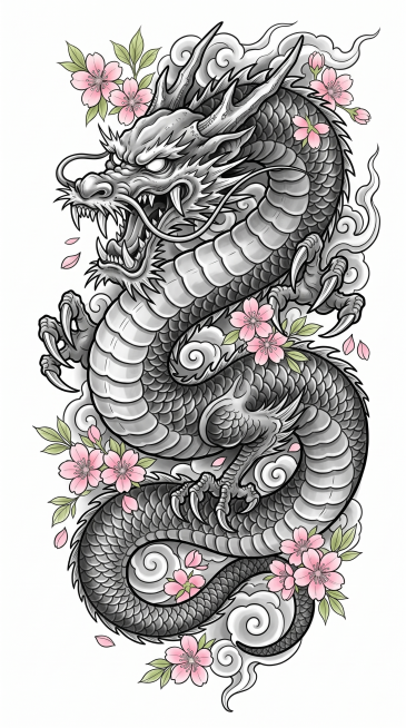 将原有龙替换为更凶猛张狂露獠牙的造型，把所有牡丹花替换成粉色樱花带嫩绿色叶片，保留日式祥云结构和原有竖向盘绕构图，纯黑白灰老传统纹身手稿，保持线条硬朗清晰，去掉背景渐变保留纯白色干净背景，龙姿态更凶猛预览效果