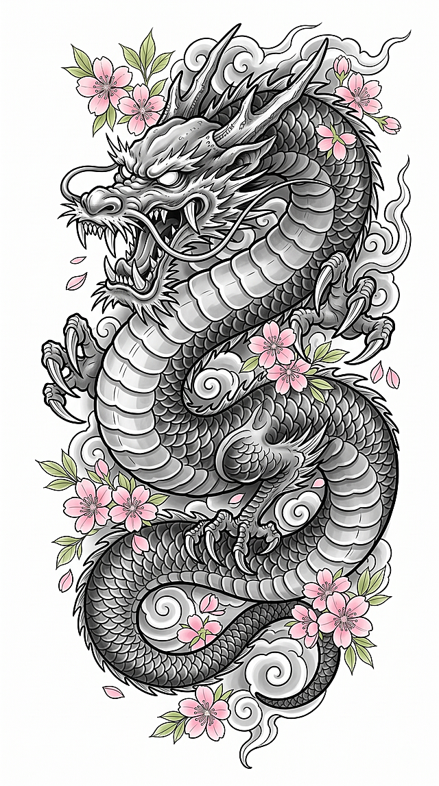 将原有龙替换为更凶猛张狂露獠牙的造型，把所有牡丹花替换成粉色樱花带嫩绿色叶片，保留日式祥云结构和原有竖向盘绕构图，纯黑白灰老传统纹身手稿，保持线条硬朗清晰，去掉背景渐变保留纯白色干净背景，龙姿态更凶猛张扬，樱花错落分布在原牡丹花位置，整体风格和原图保持一致，符合日式老传统纹身手稿