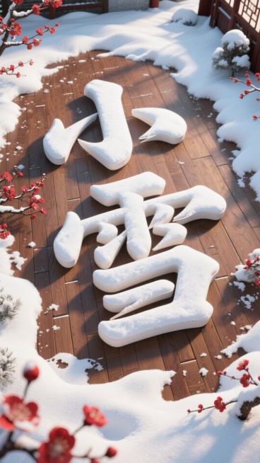 俯视视角，画面主视觉是有厚积雪的木质地板上堆出来的“小雪” 毛笔字（积雪质感真实，表面带自然起伏纹理，露出棕褐色木质纹理地板，边缘有不规则足迹）；点缀红梅装饰预览效果