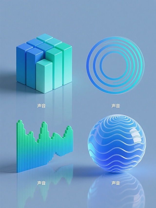 一套4个规整排布的3D风格素材，每个素材均以纯色背景呈现，无任何文字、logo及水印。整体采用简约现代的设计语言，元素包含四种不同造型样式的“声音”视觉化表达：第一个为立体声波柱状图，由渐变蓝绿色立方体按音频波形规律堆叠，底部有半透明倒影；第二个是环形声波，蓝色渐变线条从中心向外扩散形成同心圆，线条粗细随声波强度变化；第三个为声波频谱瀑布图，绿色与蓝色渐变的垂直频谱带随时间轴水平展开，呈现流动感；第四个是3D声波球体，半透明蓝色球体表面布满动态起伏的声波纹理，仿佛声音在空间中扩散。所有元素均符合现实物理逻辑，光影处理柔和，物体边缘清晰，表面光滑带有细腻反光，整体风格统一且富有科技感。