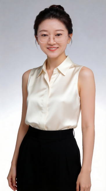 将发型修改为头发盘在脑后，保持人物整体比例协调，保留原照片中的米白色无袖衬衫和黑色下装，保留浅渐变背景，保持整体光影和风格一致预览效果