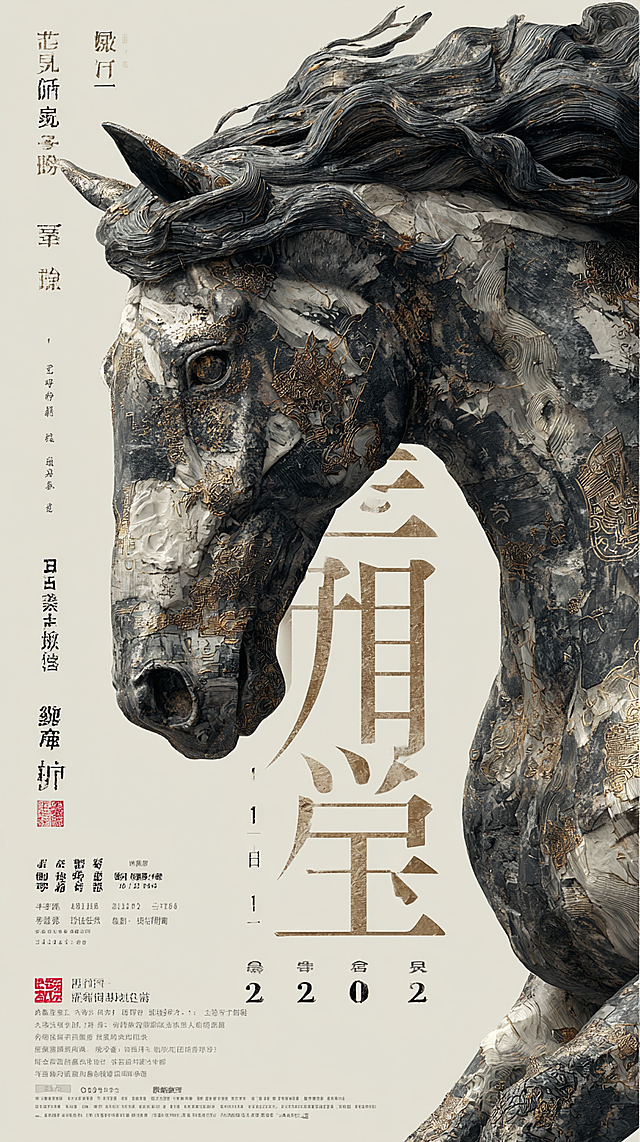 高级艺术海报，9:16，超清细节。画面主体是将汉代马蹄金与石刻拓片风格进行现代解构的巨幅马首像。肌理斑驳，融合了烫金、矿物颜料与纸张撕裂的质感。背景为柔和的米白与砂岩色，留有仿古画般的斑驳印记。
文字： 标题“2026·骏迹”以大型数字与书法结合的形式，仿佛拓印在画面中央，数字“2026”为金石篆刻效果。左下角有朱文印章“丙午”。