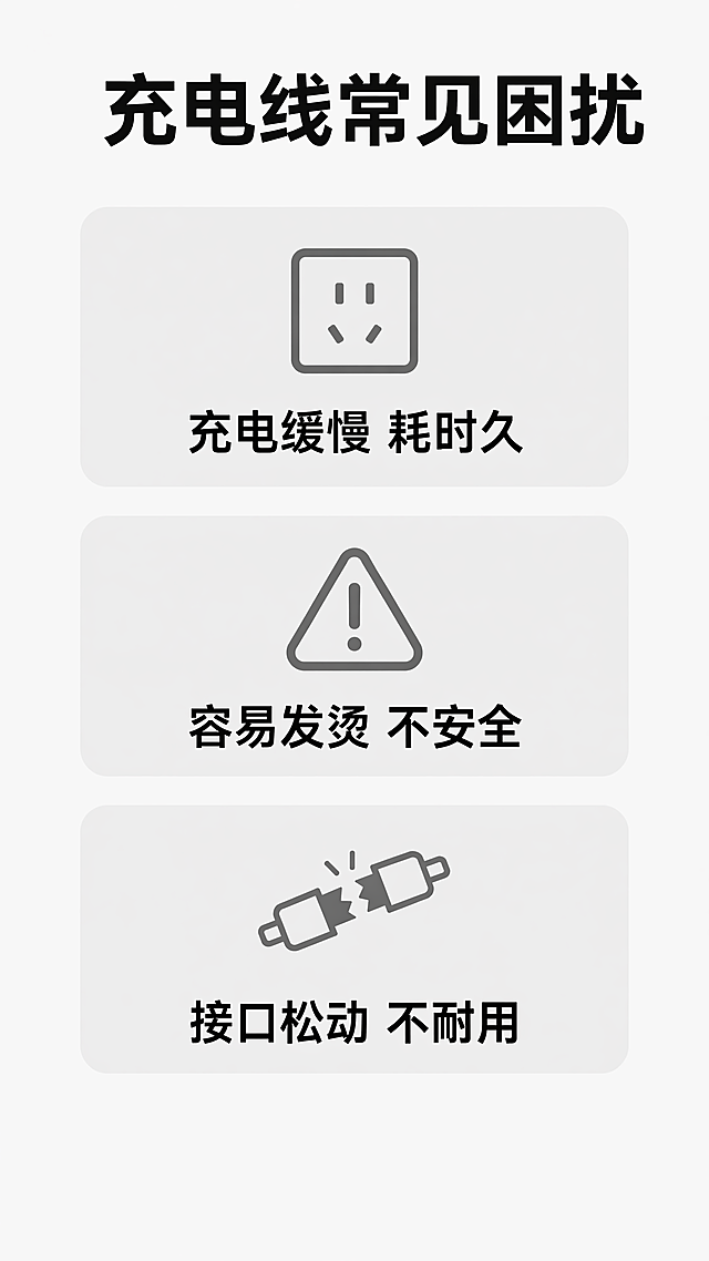 [第2屏] 痛点直击屏-分析普通充电线使用中的常见困扰。[氛围/风格] 直白接地气，拼多多风格，清晰明了。[元素布局] 顶部大标题区域，中部三个痛点卡片分开展示，底部留白。不需要使用用户产品图，用文字和简约图标展示痛点。背景为浅灰白色调，三个痛点卡片用浅灰色圆角矩形区分，每个卡片配一个简约灰色图标。[光影质感] 均匀柔光，文字清晰无阴影，整体干净整洁。[配色色系] 全局底色：#F8F8F8；文字：#333333；卡片背景：#EEEEEE；图标：#666666。[视角构图] 从上到下排版，标题在上，痛点卡片分三行居中排列，信息层级清晰。[文字版式] 顶部大标题「充电线常见困扰」黑色大字居中。三个痛点依次为：1. 「充电缓慢 耗时久」黑色文字配灰色插座图标，2. 「容易发烫 不安全」黑色文字配灰色警告图标，3. 「接口松动 不耐用」黑色文字配灰色断裂图标。每个痛点文字居中，清晰可读。[比例分辨率] 9:16竖版比例，4K分辨率，文字清晰可辨，超高清。[负向提示词] 水印，文字错乱，背景杂乱，颜色偏差，变形。