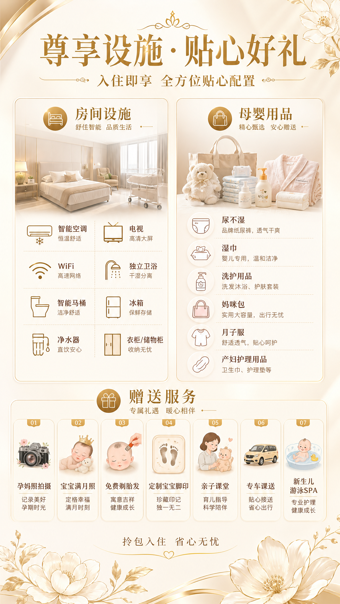 月子中心轻奢风格房间设施与赠送服务体系介绍海报，竖版9:16，… - 图片创意预览