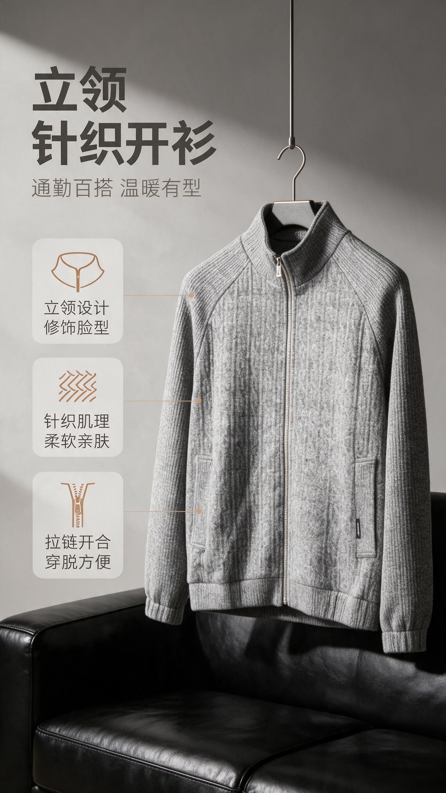 [商品] 使用【图1】男士灰色立领针织拉链开衫；商品处理：保留… - 图片创意预览