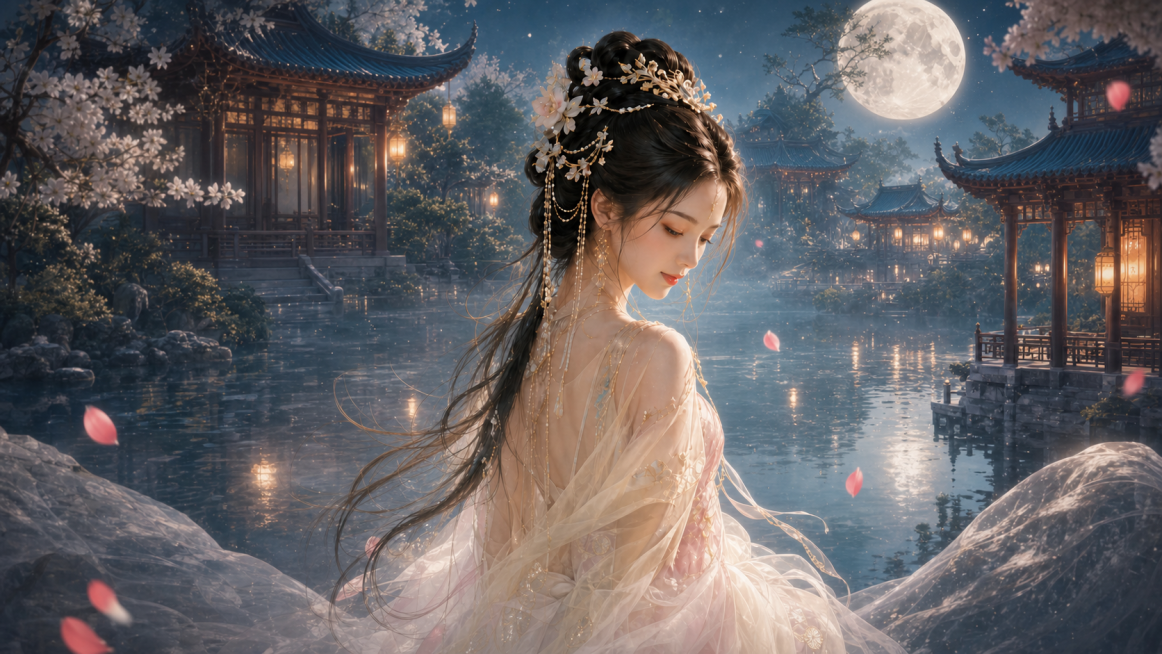 只保留主题古风女生人物，删除所有其他人物和文字，保留新国风古亭月夜园林背景，画面干净整洁，颜色协调，保持真实唯美的写实风格，主题人物清晰预览效果