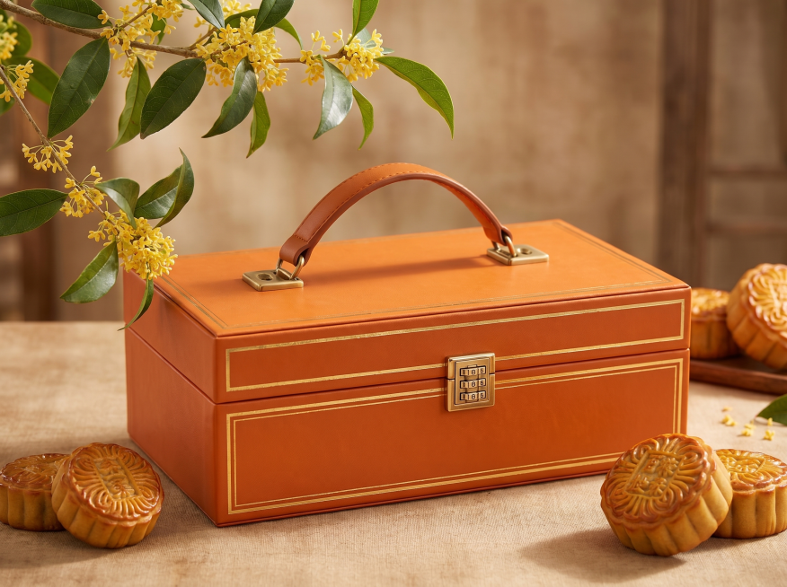 横版A4产品静物图，中秋主题，主体为橙色皮质礼盒带有简单烫金线条装饰，旁边摆放几块月饼，背景左上角有桂花枝条，柔和自然光，温暖色调，根据参考图绘制。预览效果
