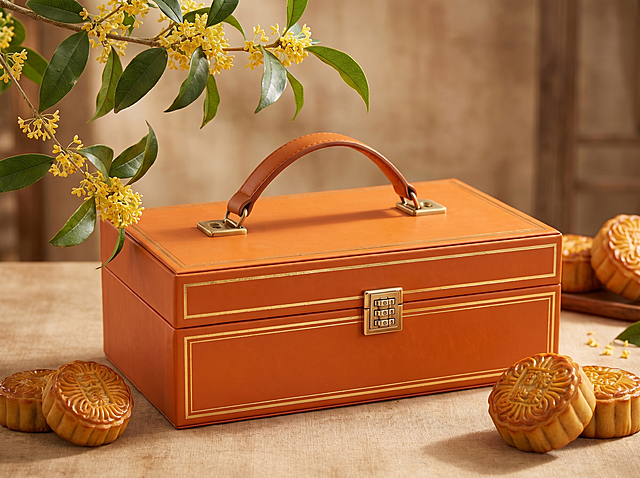 横版A4产品静物图，中秋主题，主体为橙色皮质礼盒带有简单烫金线条装饰，旁边摆放几块月饼，背景左上角有桂花枝条，柔和自然光，温暖色调，根据参考图绘制。