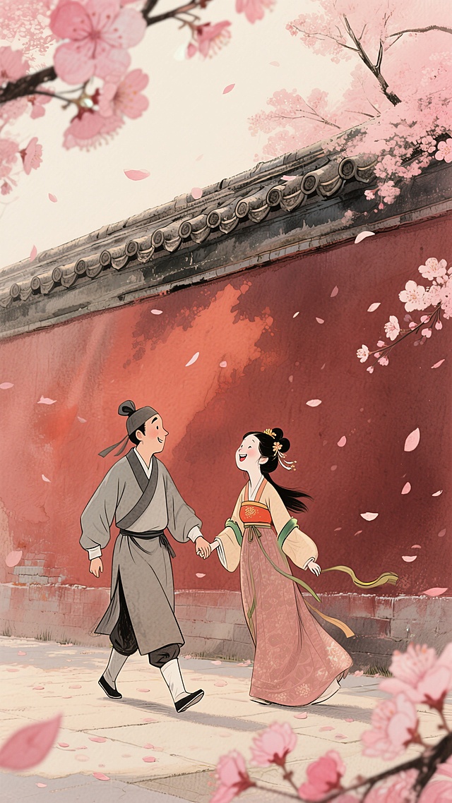 正面，远景，暗红色宫墙背景，人物身穿古代服饰，一个男子拉着一个女子嬉笑，暖色调浪漫感氛围，桃花点缀