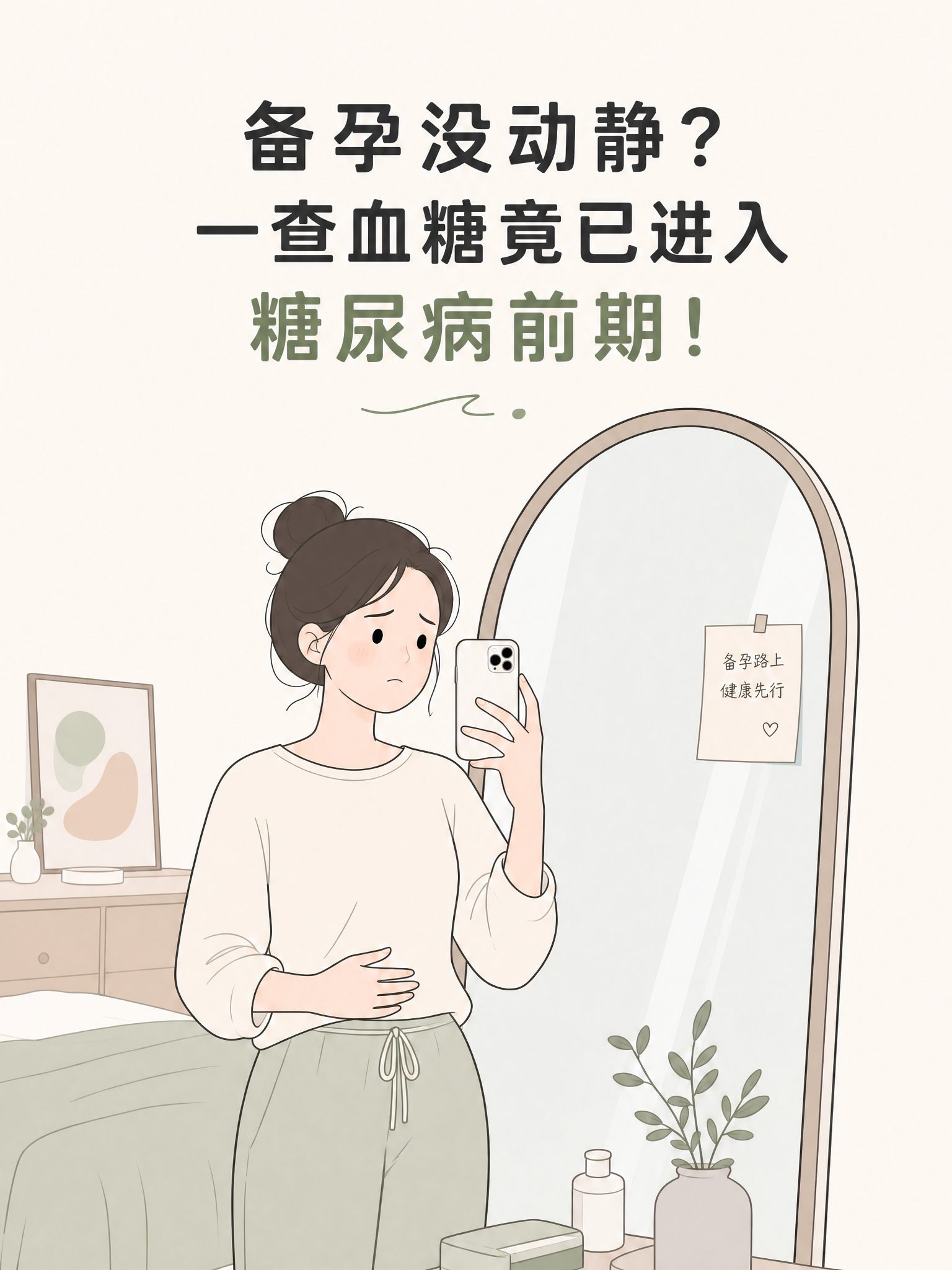 保持原图的简约线条插画风格和人物形象不变，将标题文字"备孕没动… - 图片创意预览
