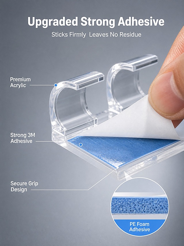[主图-3] Clear Cable Clips with Strong Adhesive 强粘力背胶材质细节特写。
[统一基调] 亚马逊跨境信息图风格，浅灰色渐变背景，科技感冷调光线，突出材质细节和品质感，标题字色白色，辅助字色浅灰，强调色为亮蓝色。
[画面] 画面主体是一个透明亚克力理线夹的超近距离特写，约占画面70%，视角为侧面45°，清晰展示理线夹底部的3M背胶粘贴结构。画面中一只手的指尖（仅显示手指局部，不露出全手）正在撕除理线夹底部背胶的白色离型纸，露出下方的蓝色PE泡棉胶层，胶层平整有光泽。旁边放大展示背胶的截面细节，能看到泡棉的细密纹理。背景是干净的浅灰色渐变，无多余杂物。
[证据组件] 画面左侧有3条带引线的标注，分别指向理线夹的不同部位：1) 指向透明卡扣部分，标注 "Premium Acrylic"；2) 指向背胶层，标注 "Strong 3M Adhesive"；3) 指向卡槽内部，标注 "Secure Grip Design"。
[光影质感] 专业产品摄影棚拍质感，侧逆光突出透明亚克力的边缘光和通透质感，背胶层有清晰的材质纹理，手指皮肤真实自然，整体光线干净利落，科技感强。
[配色] 浅灰渐变背景，透明产品，蓝色背胶点缀，白色文字，整体冷调高级。
[文字版式] 画面顶部居中大标题 "Upgraded Strong Adhesive"，标题下方小字 "Sticks Firmly  Leaves No Residue"。左侧3条标注文字为白色无衬线字体，字号适中，引线纤细清晰。所有文字为英文，字体统一。
[输出要求] 比例3:4，材质细节清晰，光影精致，文字清晰，无变形、错字、模糊、水印、平台Logo、多余手指畸形。