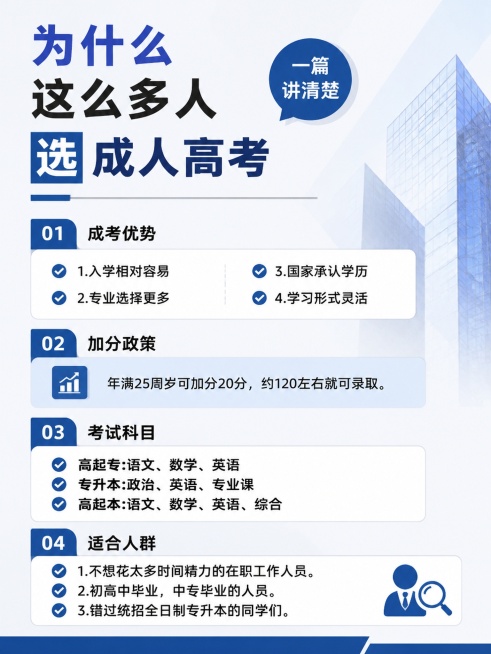 参考这张成人高考科普图的所有内容文字信息，重新二创生成一张全新风格的设计图，保留所有文字信息，更换整体排版和配色风格，改为商务简约设计风格预览效果