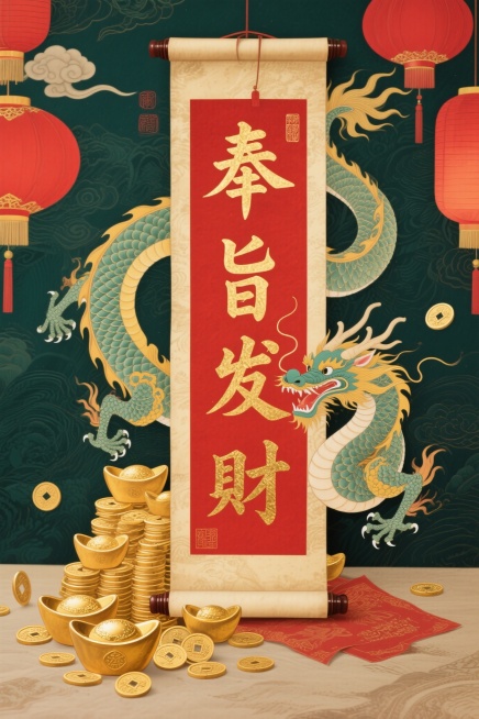 竖版红色卷轴，中心是红金书法字体的“奉旨发财”四字，卷轴旁环绕青黄相间的祥龙，底部堆叠金元宝、铜钱，搭配红色灯笼、祥云装饰，背景为深墨绿暗纹肌理，点缀印章元素，工笔国风画风，色彩华贵浓烈，以红、金、青预览效果