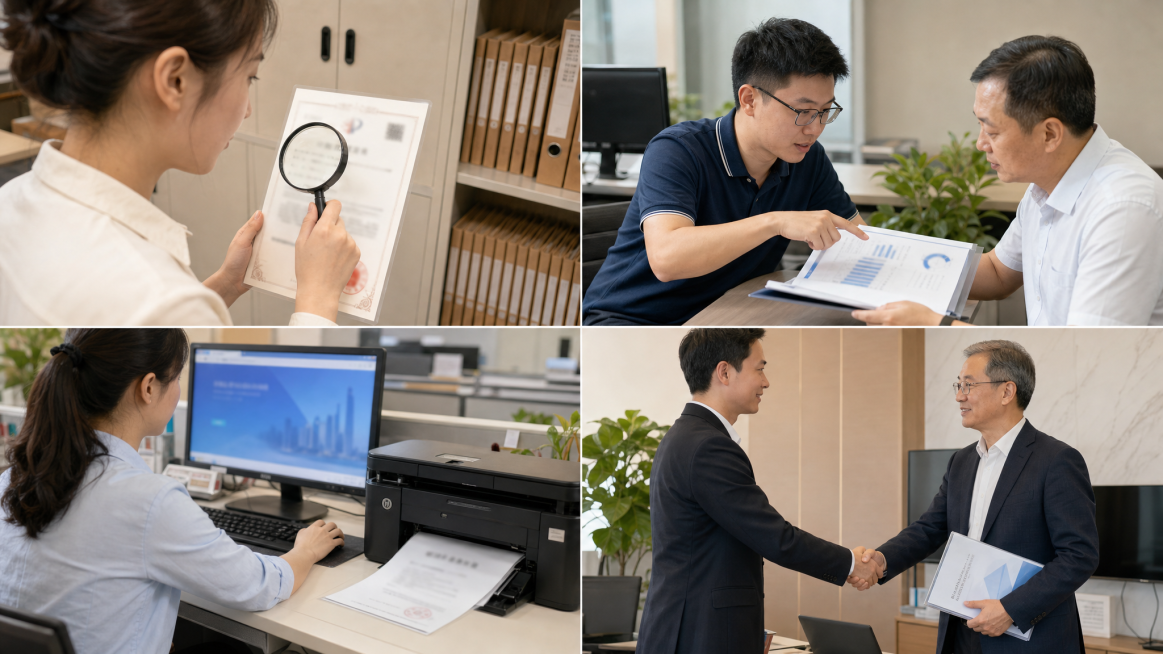 企业团队真实协作完成知识产权实缴四步骤，2×2四格拼图，每个格子为真实抓拍场景。左上格：员工手持放大镜，认真查看专利证书的权利人和专利号，证书做模糊轮廓处理，背景为档案柜。右上格：戴眼镜穿polo衫的预览效果