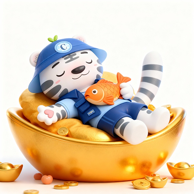 保持人物特点，人物动作是躺在一个大大的金色元宝上，怀里抱着一个卡通成色调的鲤鱼，人物眯眼睛微笑，做美梦的感觉，元宝周围散落着一些小元宝和金币，色调柔和明亮，光线柔和打在主体身上，映出立体感，画面可爱温馨，喜庆治愈风格，