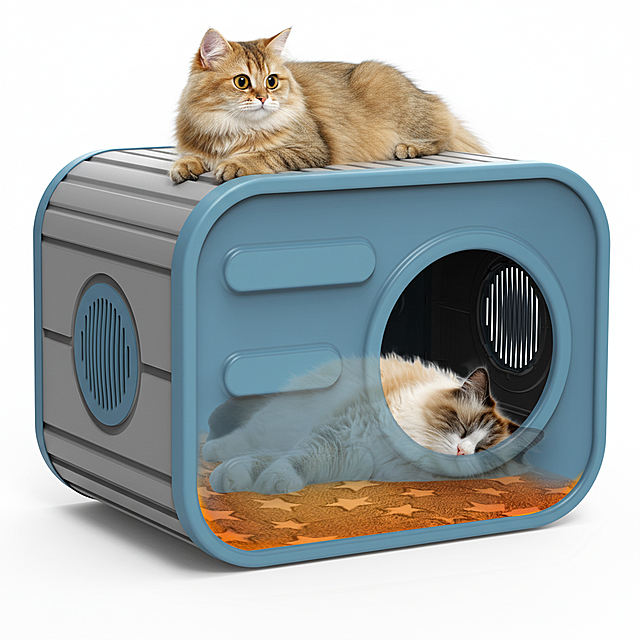在参考图1基础上生成猫窝顶部慵懒趴着一只圆眼金渐层长毛猫（好奇表情），露出好奇表情，猫咪头部朝向在左，画面干净通透，色调柔和温暖，质感像高清商品展示图，背景纯白无杂物。