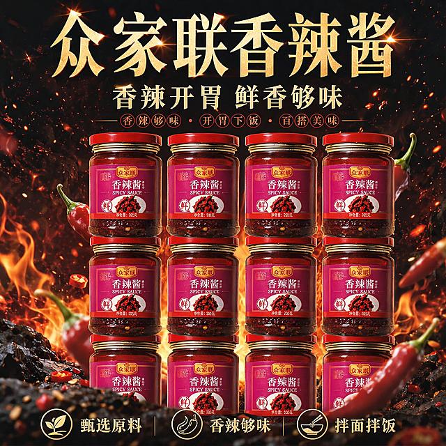 参考图2的海报风格，将图1中的12瓶众家联香辣酱作为主体，制作一张高端大气的香辣酱产品海报。画面中央整齐排列12瓶众家联香辣酱，紫红色标签和红色瓶盖清晰完整保留，瓶身有光泽质感。背景为深色，搭配火焰、飞溅的红辣椒和辣椒籽元素，营造香辣热烈的氛围。顶部有金色大字标题"众家联香辣酱"，下方有副标题"香辣开胃 鲜香够味"，底部有三个卖点图标分别标注"甄选原料""香辣够味""拌面拌饭"。整体风格高端美食摄影风，光影质感强烈，商业海报质感。