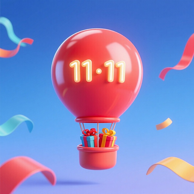中间一个红色热气球悬浮在空中，气球上3D塑料灯牌写着“11·11”，热气球上装满了礼盒，渐变蓝背景，飘带装饰