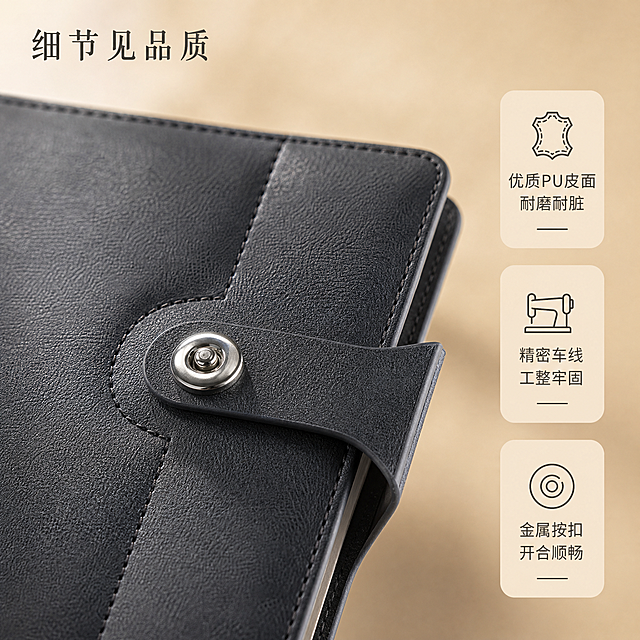 [主图-3] PU皮笔记本材质细节与做工特写
[氛围风格] 暖色浅色基调 高级质感 细节精致
[画质] 商业微距摄影质感 皮质纹理清晰 缝线精细 画面干净高级
[元素] 深灰色PU皮笔记本局部特写 聚焦按扣搭扣与缝线区域。PU皮革纹理细腻自然 有轻微肌理感。金属按扣圆润有光泽 按扣周围缝线整齐均匀 针脚细密。边角处包边工整 皮质厚度可见。保持材质 缝线 按扣设计与输入产品图一致 精细化处理。背景为浅米色渐变虚化 突出主体细节。
[光影] 侧逆光勾勒皮质边缘 正面柔光表现纹理 金属按扣有明显高光点 缝线处有细微阴影增加立体感 暖色调
[配色] 主色浅米白暖灰 辅色深灰（皮质） 强调色金属银灰（按扣）
[视角构图] 45度斜侧微距视角 按扣区域为视觉焦点 景深很浅 背景虚化
[文字版式] 右侧竖排（实际横排右对齐）三个卖点标签 从上到下："优质PU皮面 耐磨耐脏""精密车线 工整牢固""金属按扣 开合顺畅" 每个卖点配一个简约线条小图标 深灰色文字 浅米色圆角背景卡片。左上角小字标题"细节见品质"
[输出要求] 1:1比例 文字清晰可辨 超高清商业摄影质感
[负向提示词] 变形 文字错乱 产品图模糊 背景杂乱 水印 电商平台Logo