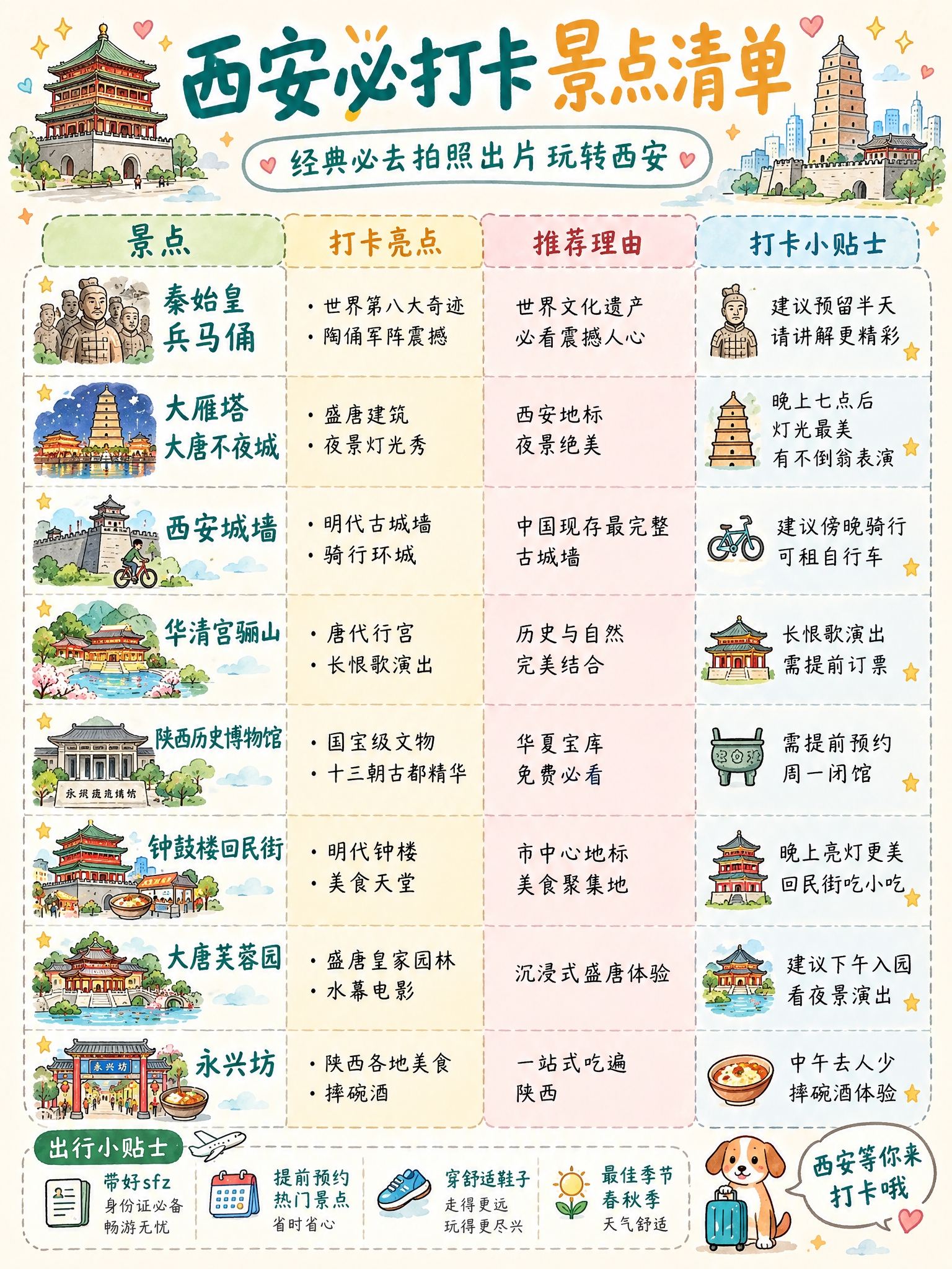 手绘风格的西安必打卡景点清单海报，浅米白色温暖背景，整体为可爱… - 图片创意预览